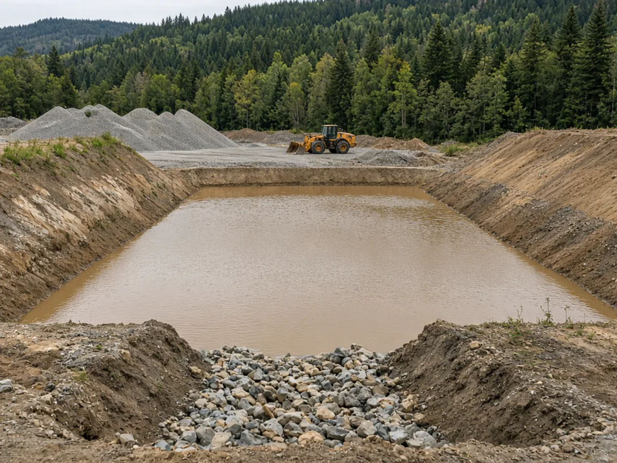 Settling pond with earthen embankments at a gravel mine