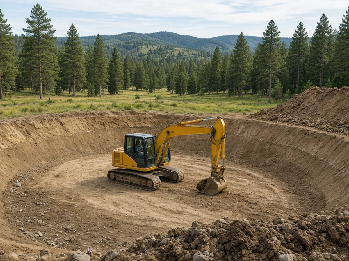 Freshly excavated pond basin with graded slopes