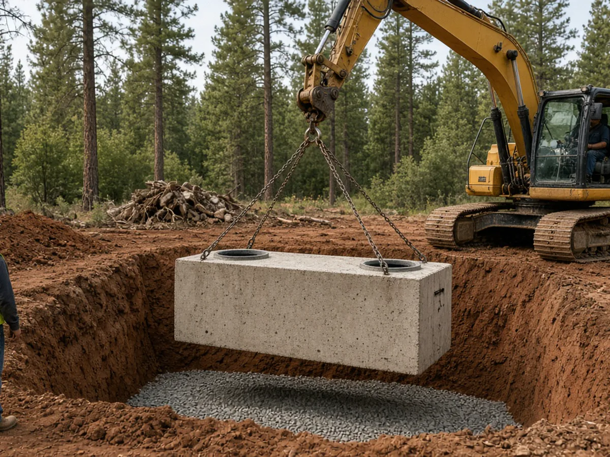 Concrete septic tank being set into an excavation on a rural home site