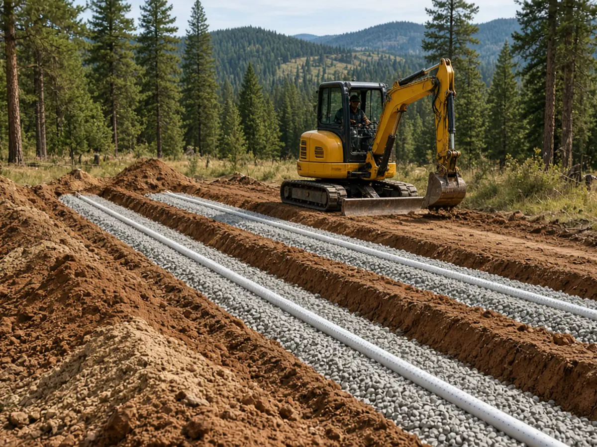Septic drainfield trenches with drain rock and perforated pipe on a rural lot
