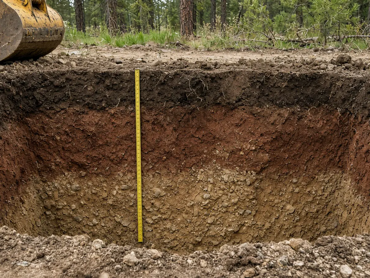 Soil layers exposed in the wall of a septic test pit