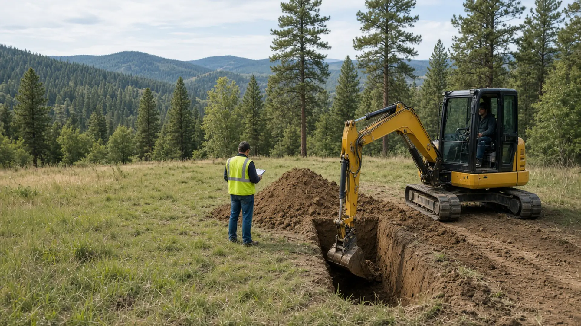 Excavator digging a septic test pit on an undeveloped wooded lot