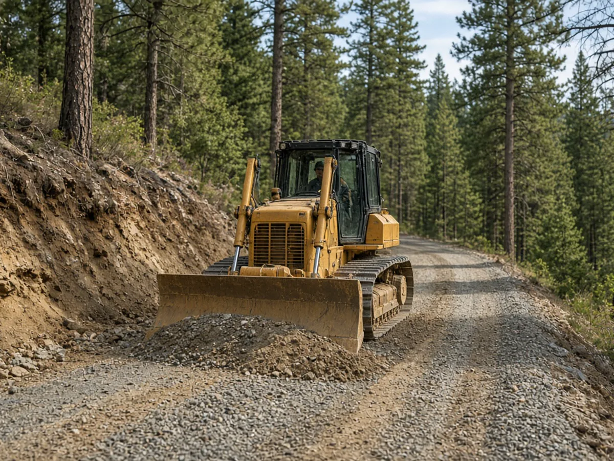 Dozer regrading a steep switchback gravel driveway on a forested slope