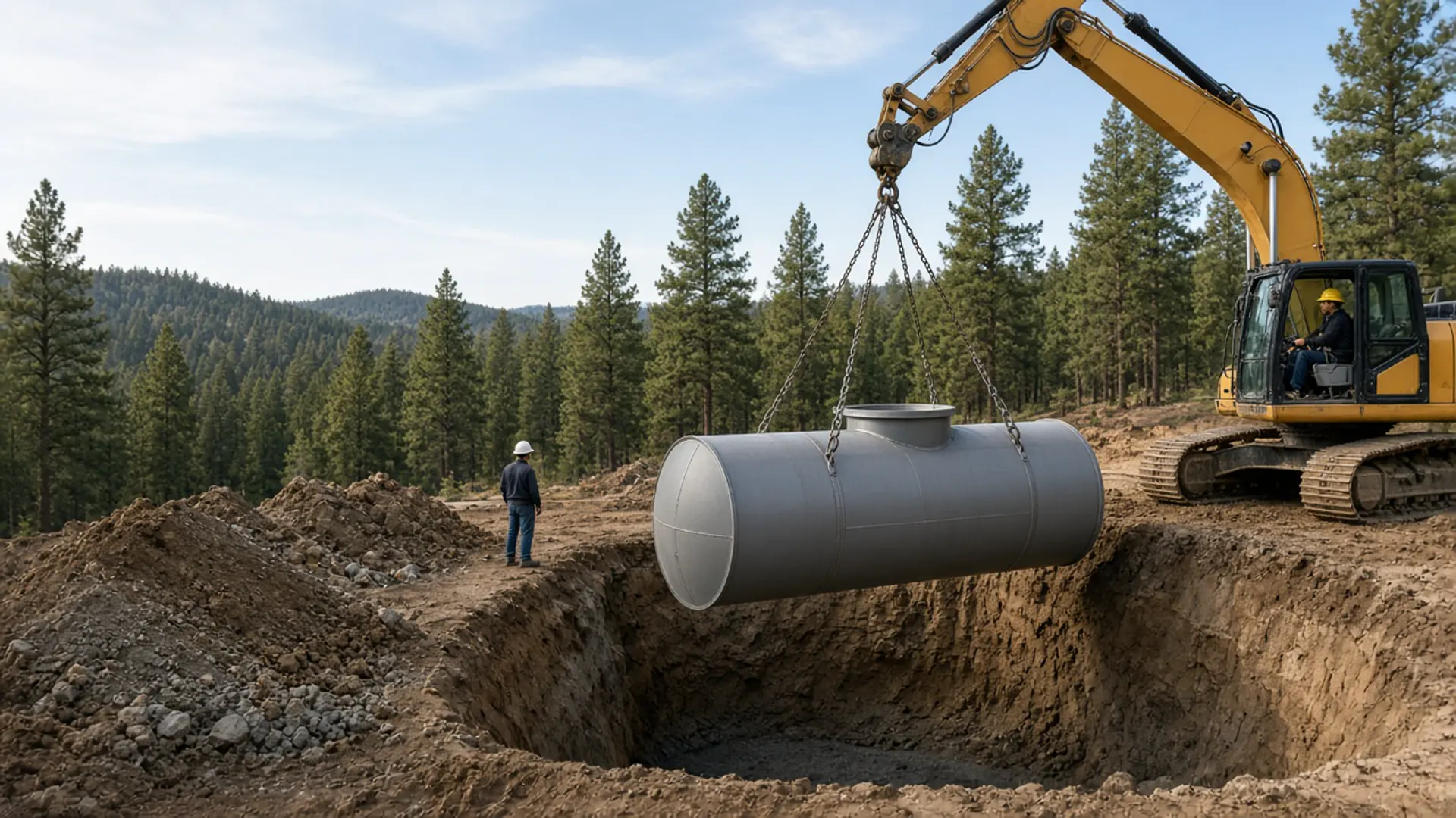 Excavator lowering a steel underground shelter into an excavation