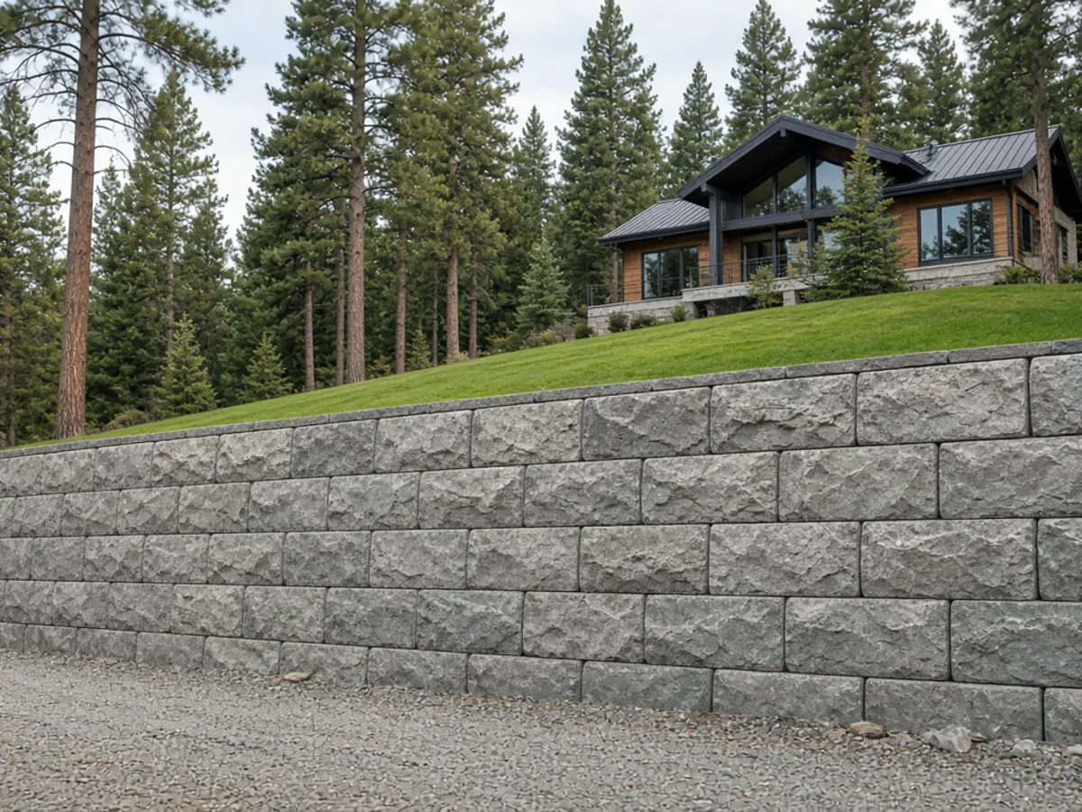 Finished large-block retaining wall with a textured stone face on a sloped residential lot