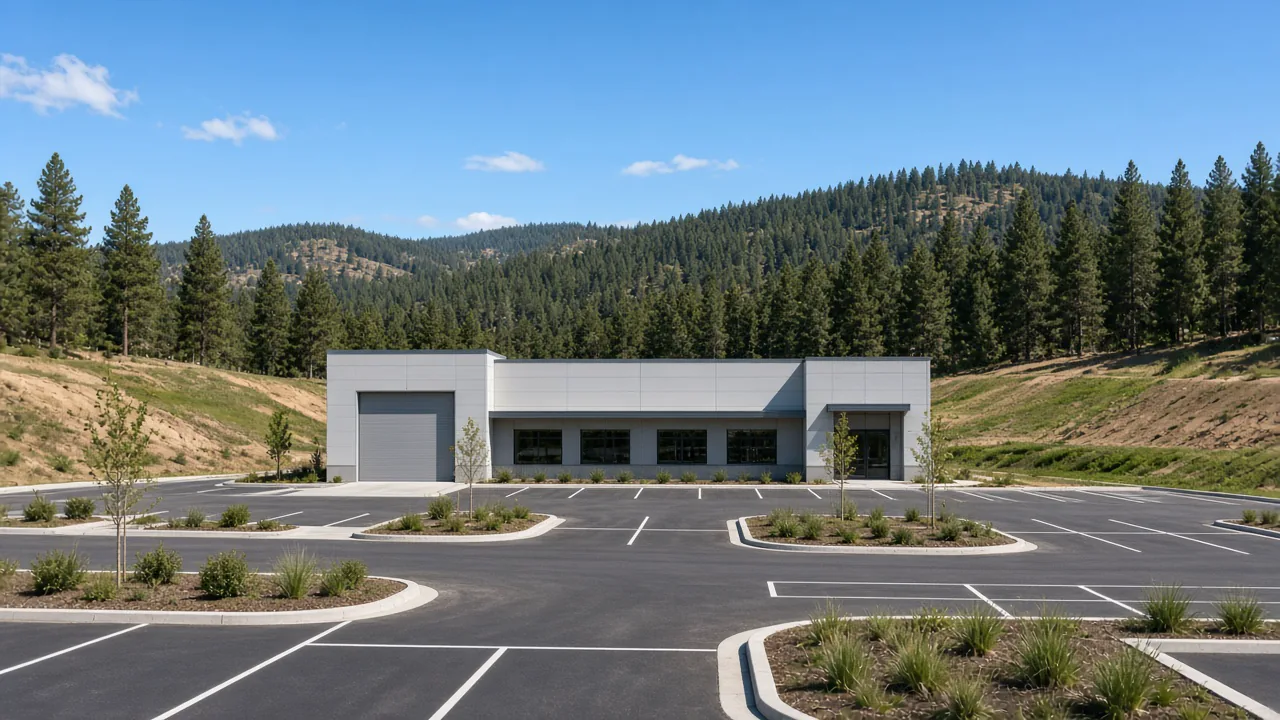 Finished commercial building with a newly paved and striped parking lot