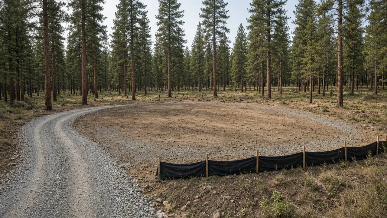 Cleared, graded building site with silt fence in a thinned pine forest
