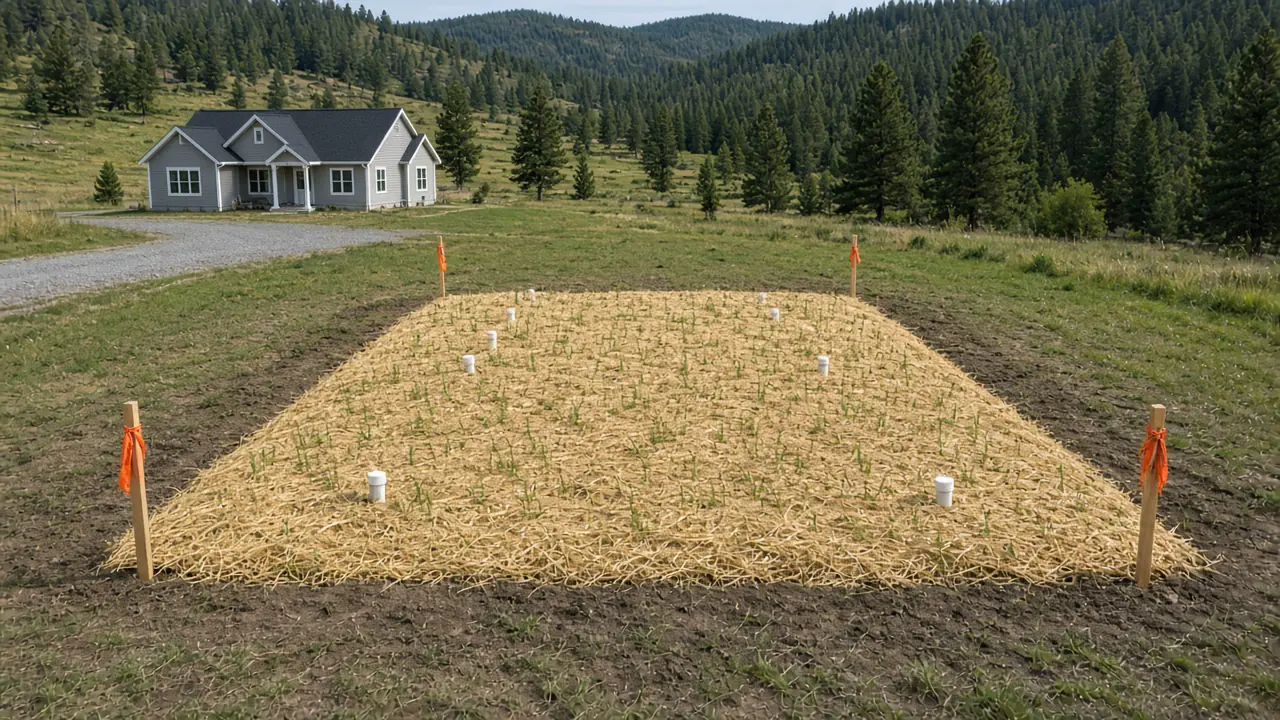 Straw-covered septic drainfield area marked with stakes beside a rural home