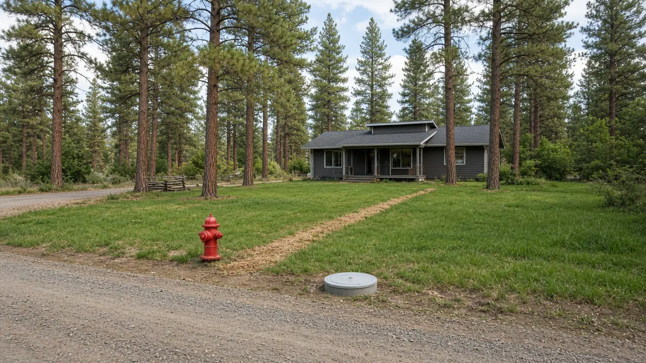 Restored lawn along a buried utility line beside a gravel road and fire hydrant