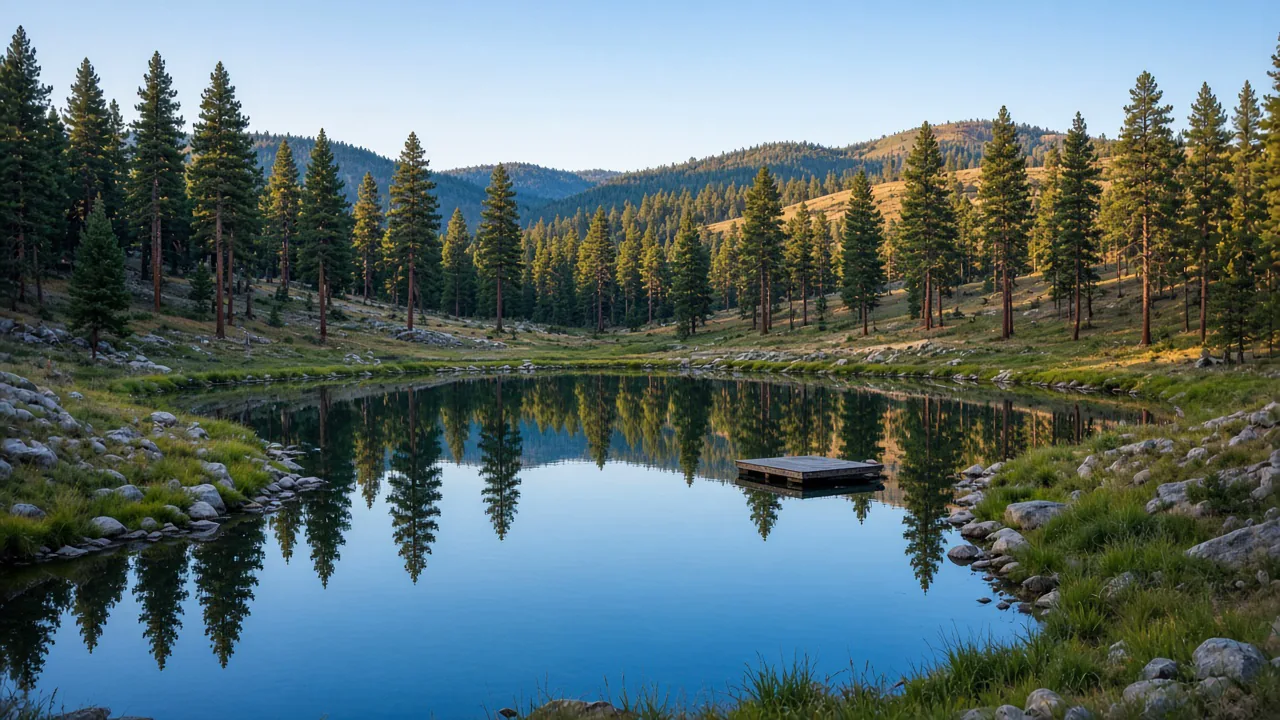 Private pond with a small dock surrounded by pine forest