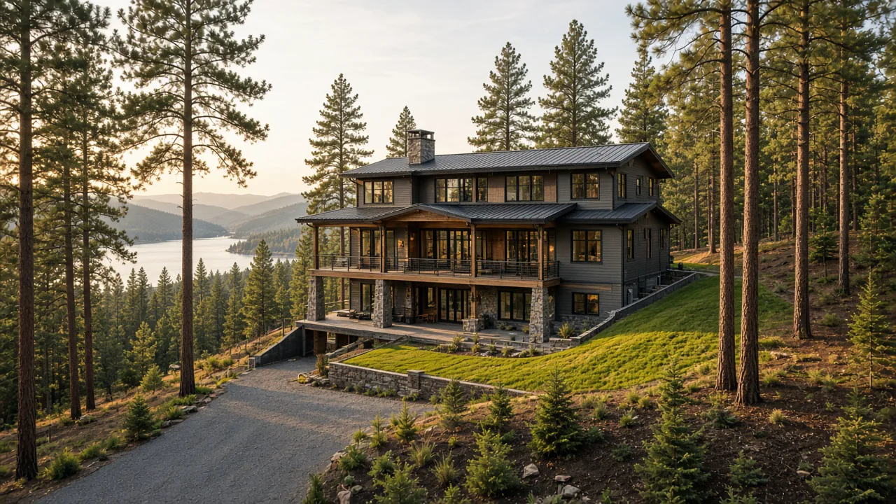 Finished hillside home with a gravel driveway among pine trees