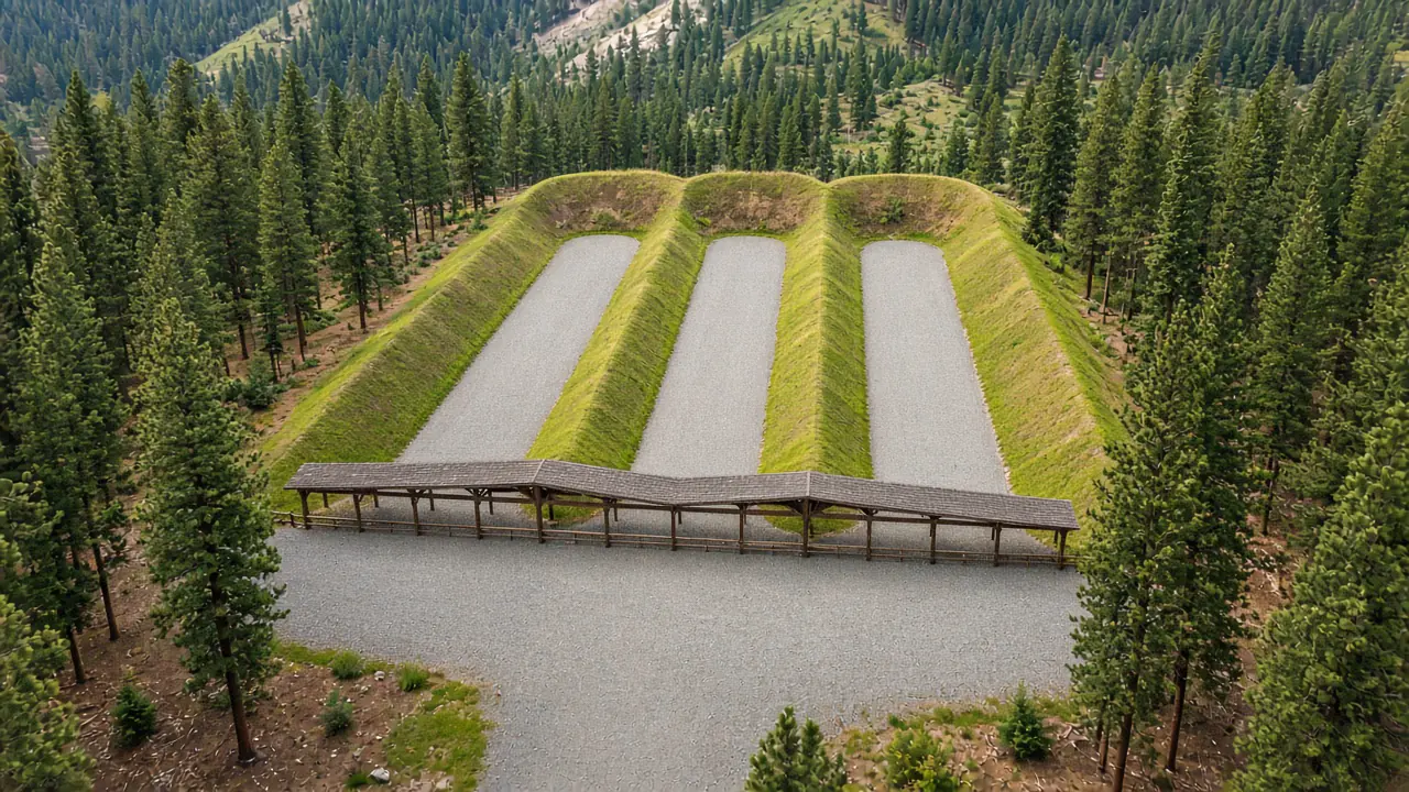 Aerial view of a shooting range with grassed earthen berms and a covered firing line