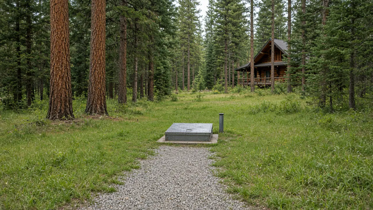 Underground shelter entry hatch in a grassy forest clearing below a cabin