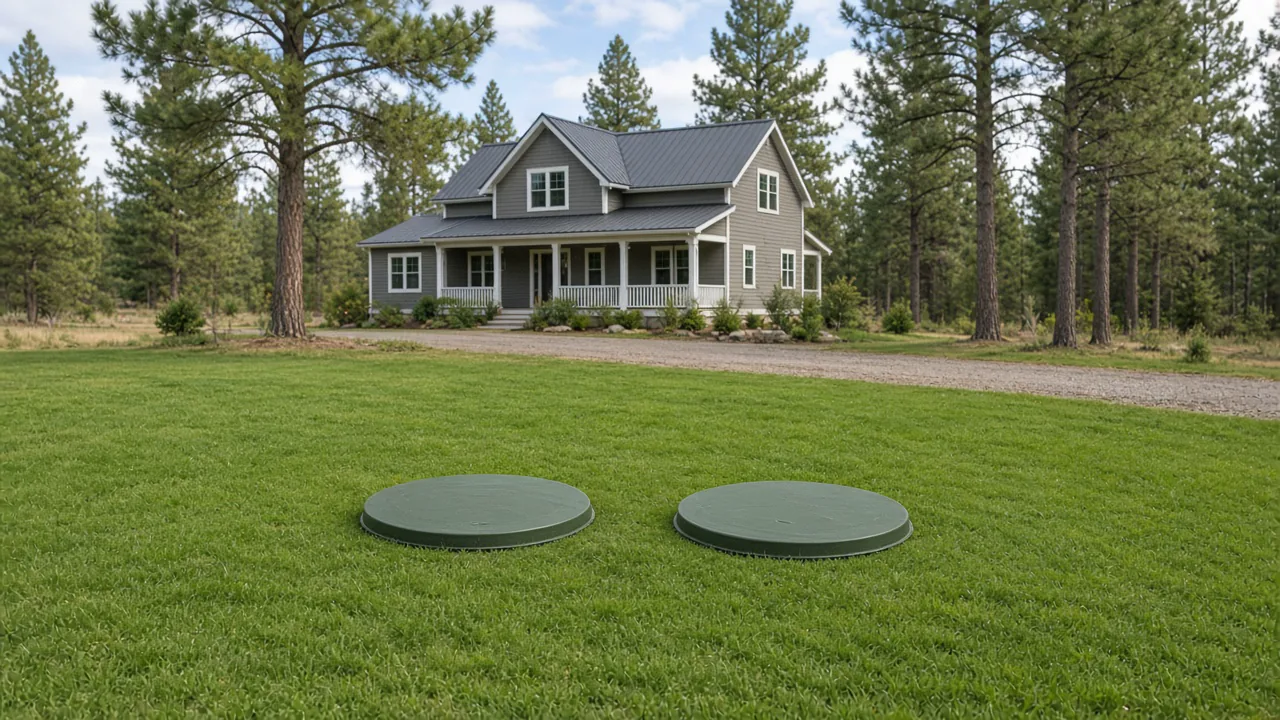 Two septic tank lids at grade in a restored lawn in front of a home