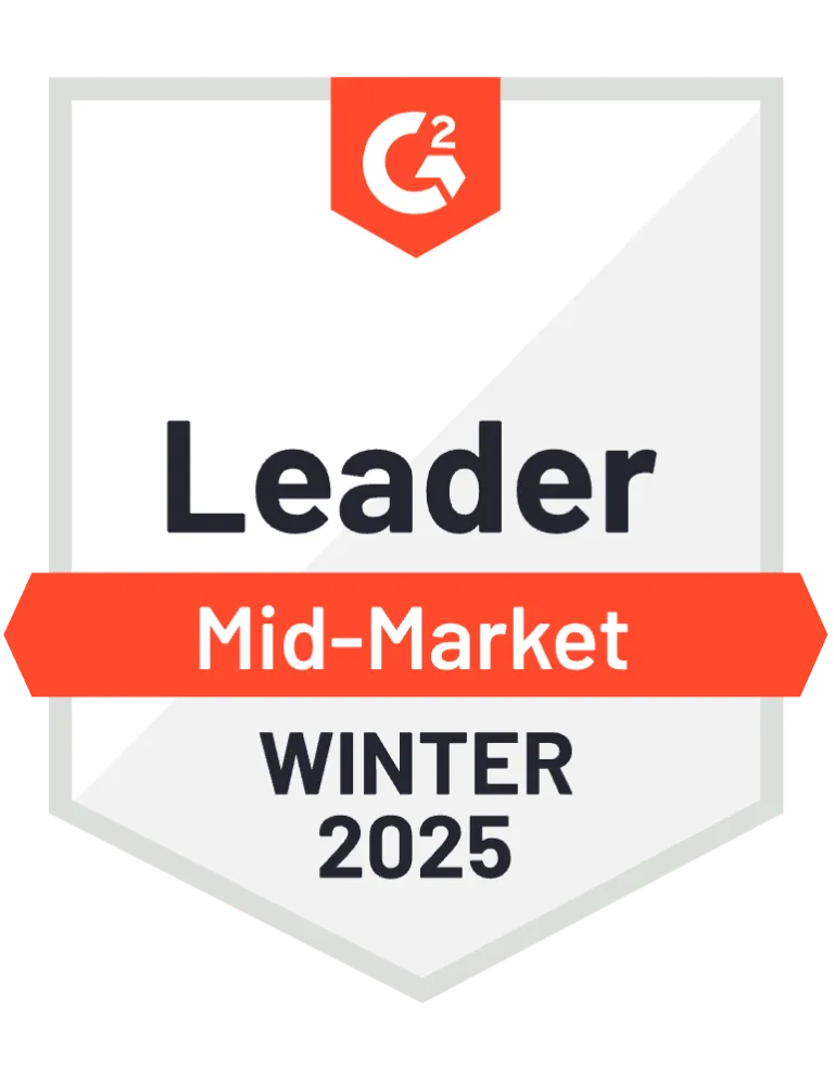 G2 Leader Mid-Market Winter 2025 badge with orange and gray design.