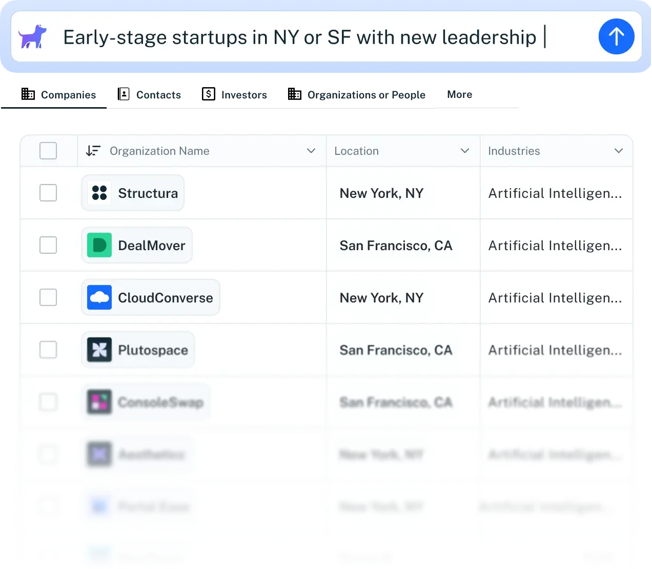 Crunchbase platform with AI search tool Scout displayed
