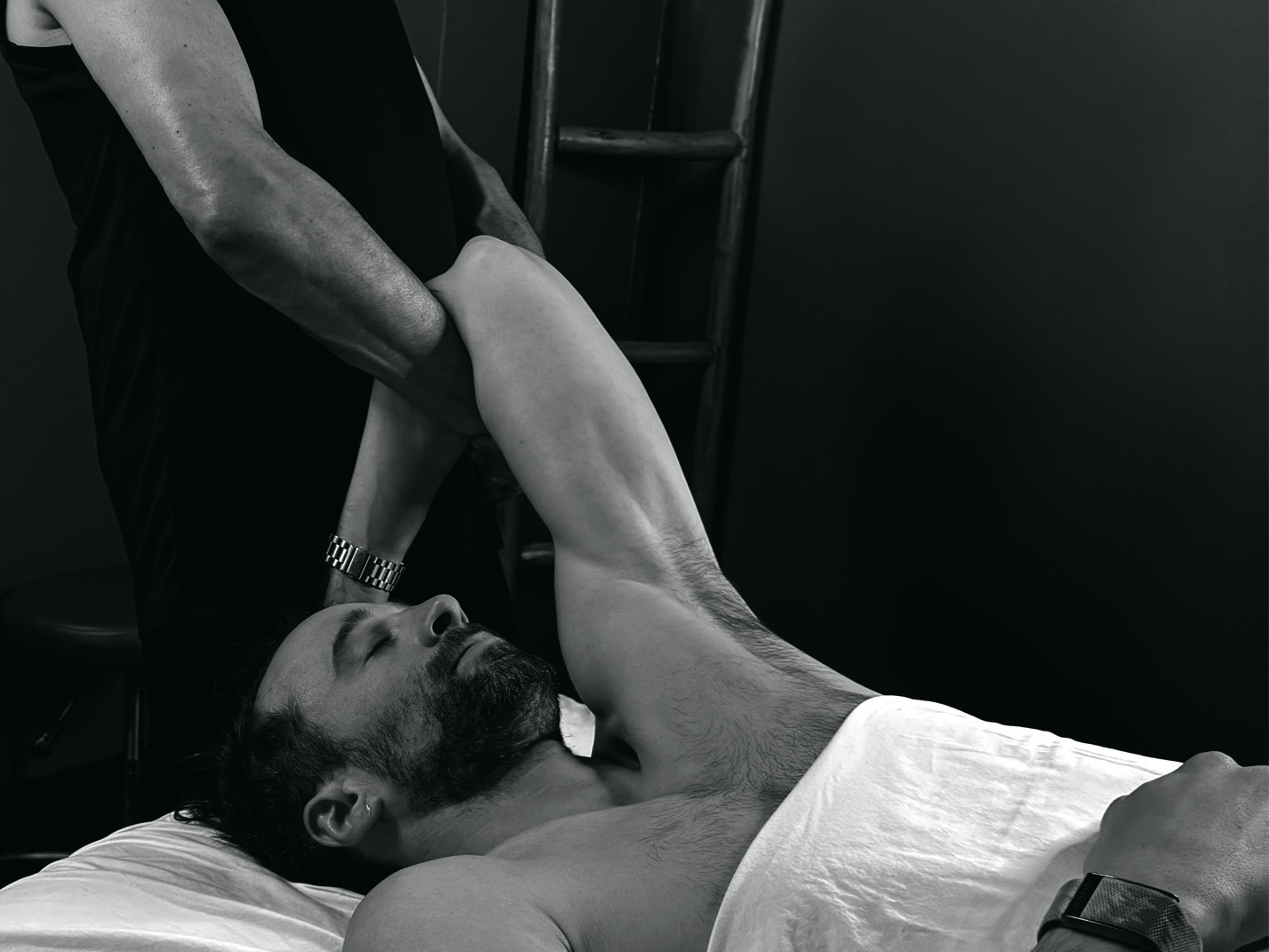 Thai stretch. Opening up shoulder and elbow socket while stretching scapula and triceps brachii.