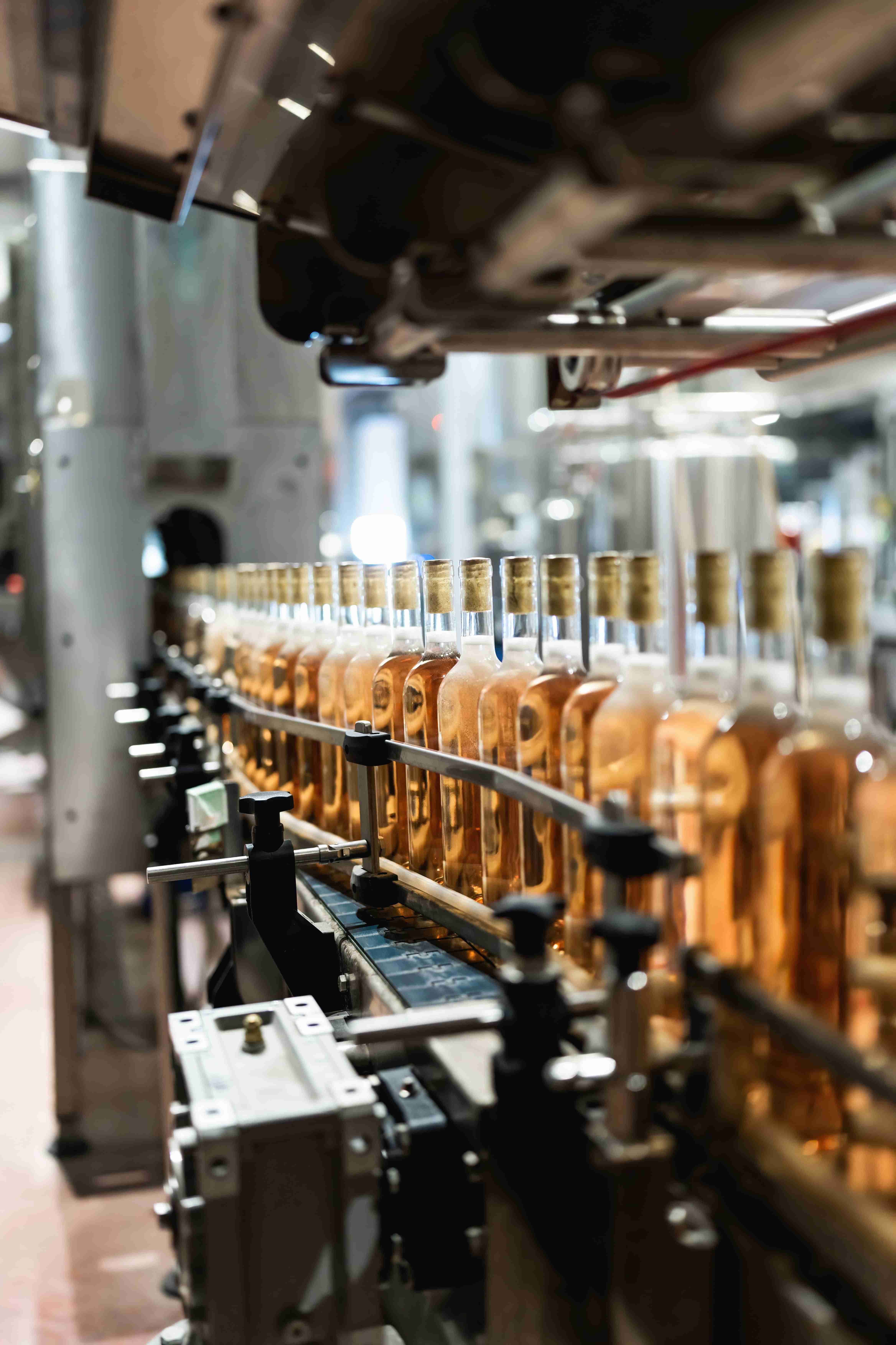 Linha de engarrafamento de garrafas de vidro com líquido âmbar em fábrica.