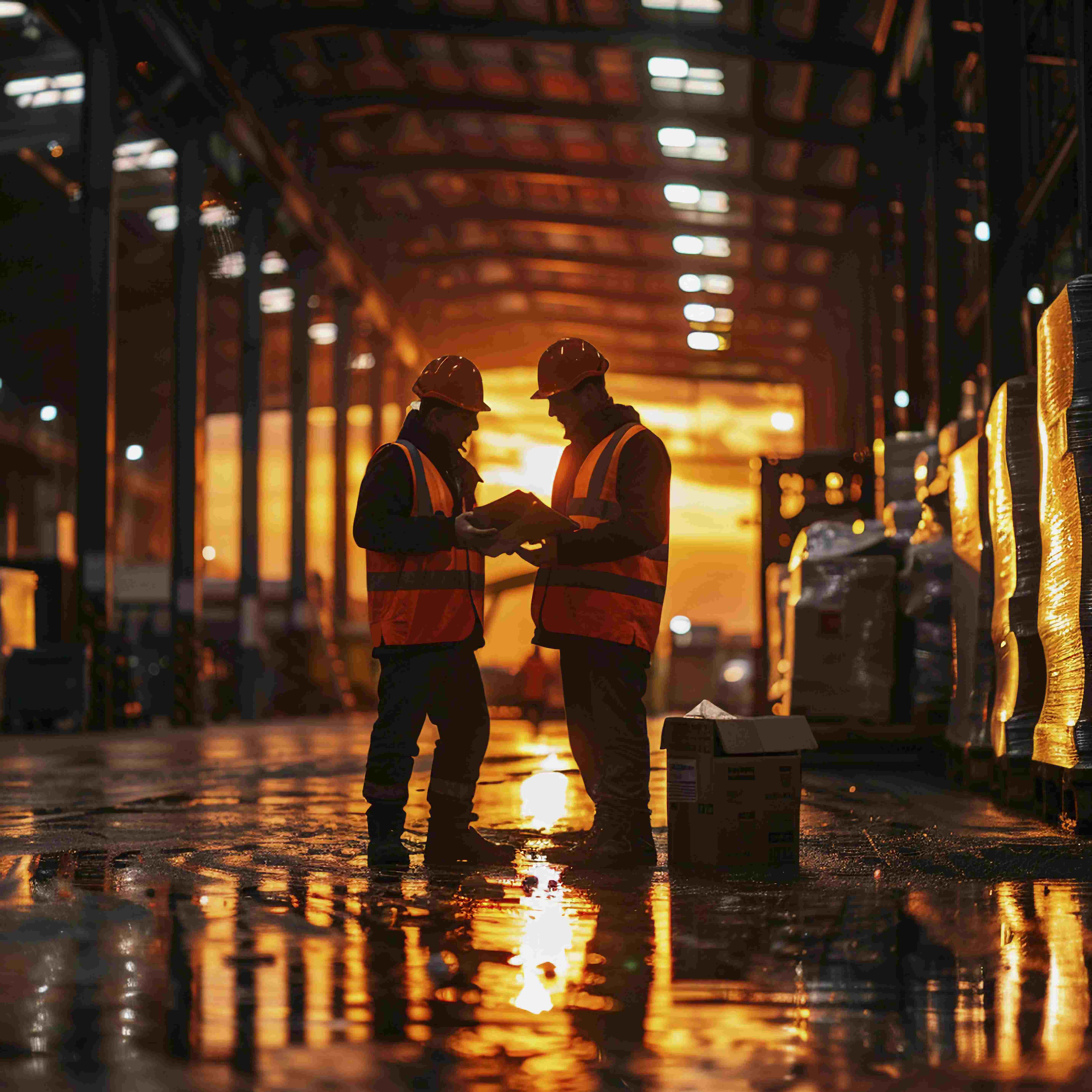 Dois trabalhadores com capacetes e coletes de segurança discutem documentos em um armazém iluminado pelo pôr do sol.
