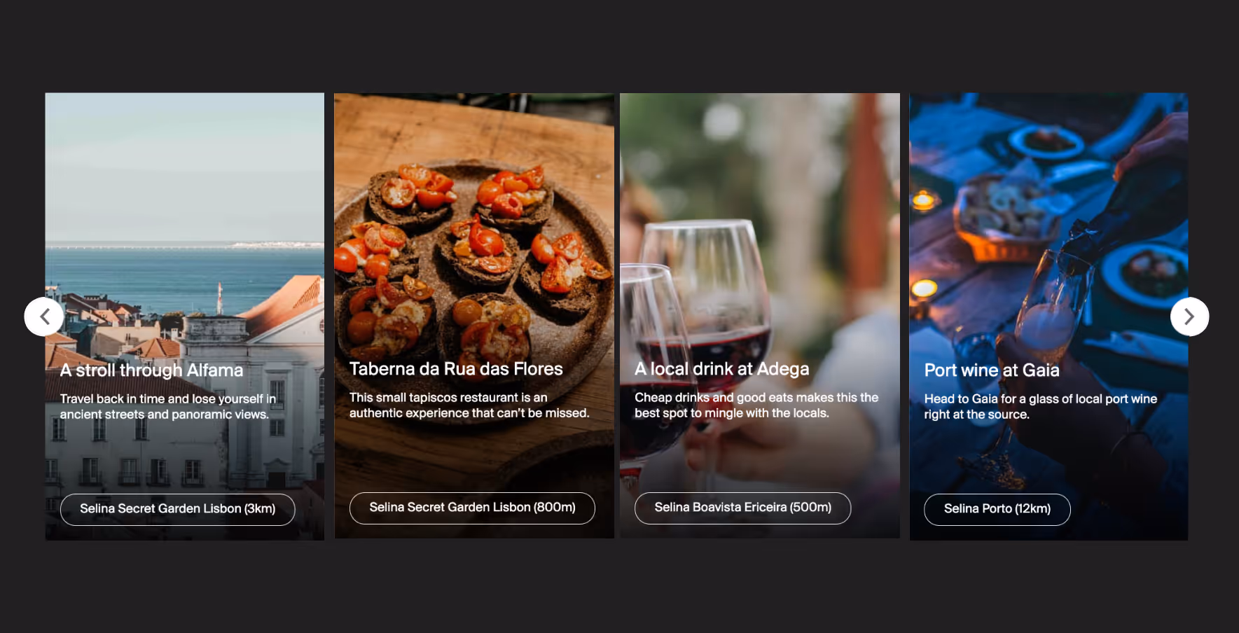 Carousel of Lisbon spots: Alfama view, tapas on plate, red wine glasses, and pouring port wine at night.