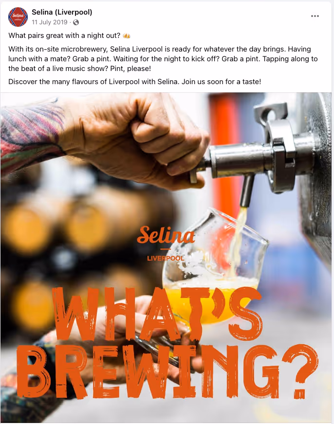 Tattooed hand pouring beer from a tap into a glass with text 'What's Brewing?'