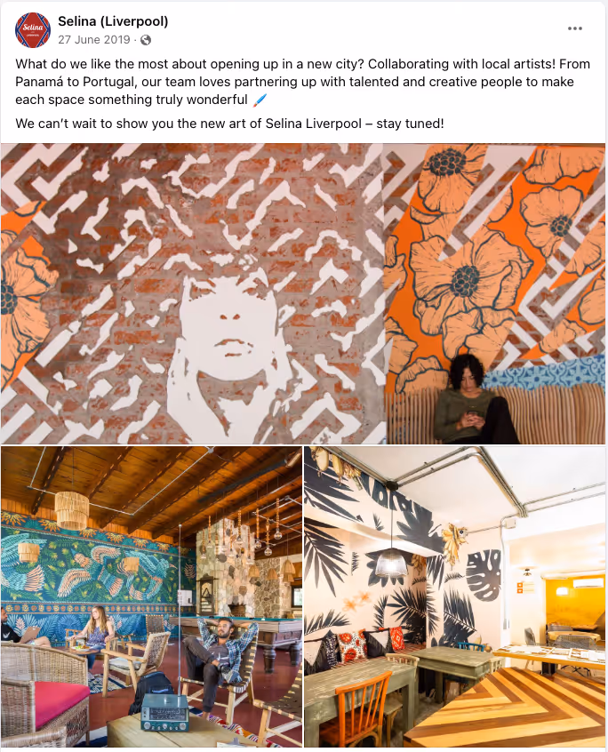 Collage of artistic wall murals and cozy seating in vibrant, creative indoor social spaces.