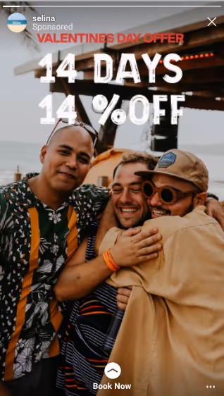 Three friends smiling and hugging outdoors under a pavilion with a Valentine's Day offer text overlay.