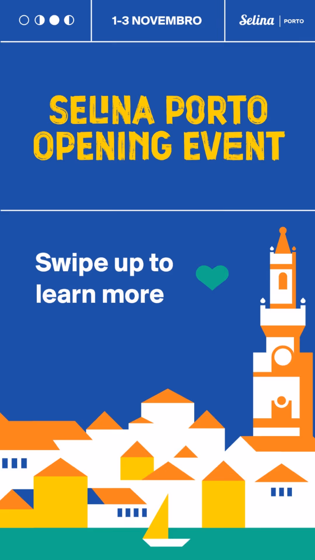 Selina Porto Opening Event from November 1-3 with stylized Porto cityscape and sailboat.