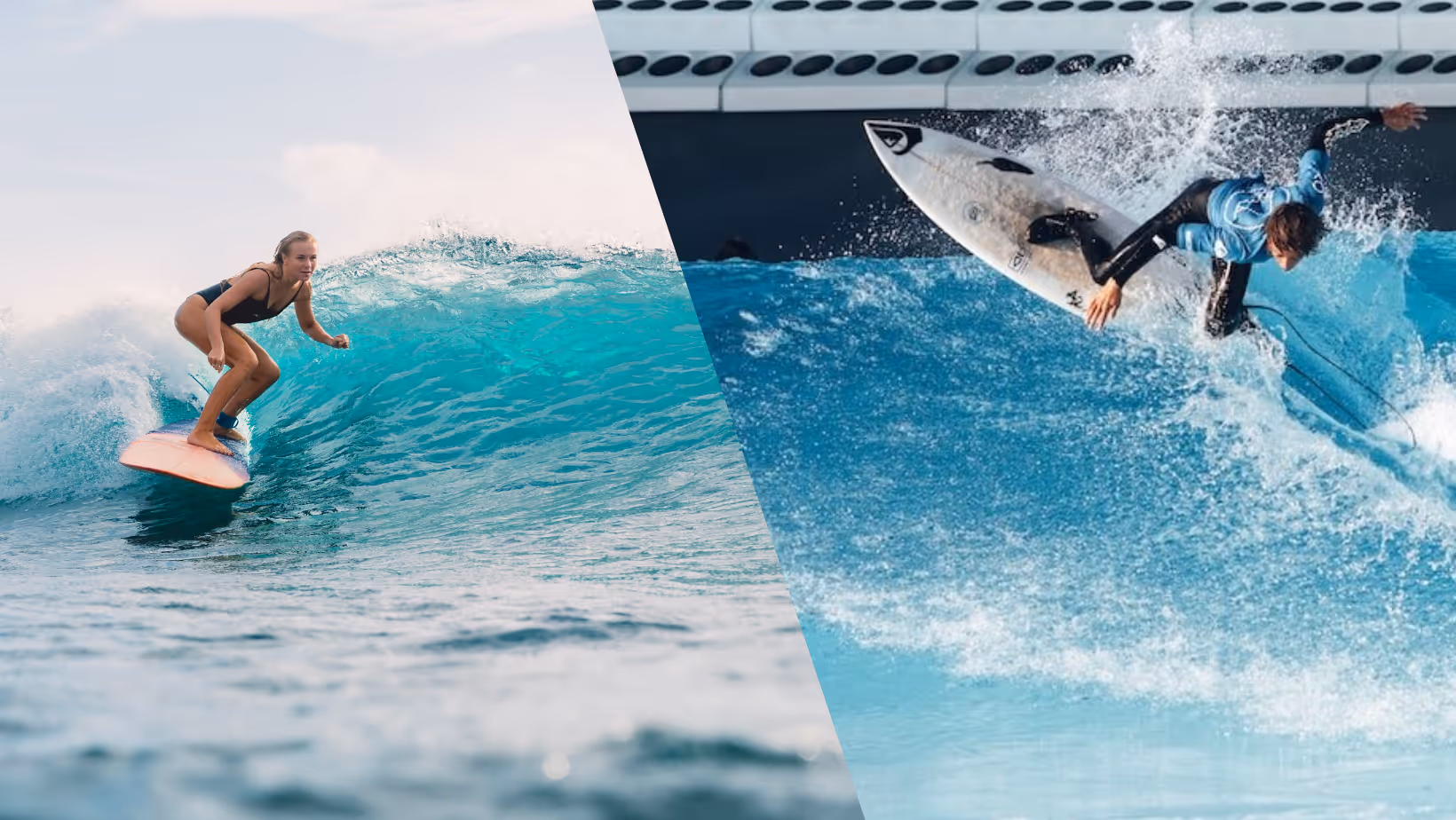Split image showing a woman surfing ocean wave and a man surfing in an artificial wave pool.