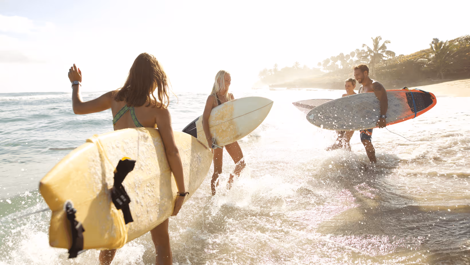 Four people holding surfboards and walking in shallow ocean water toward the beach on a sunny day.