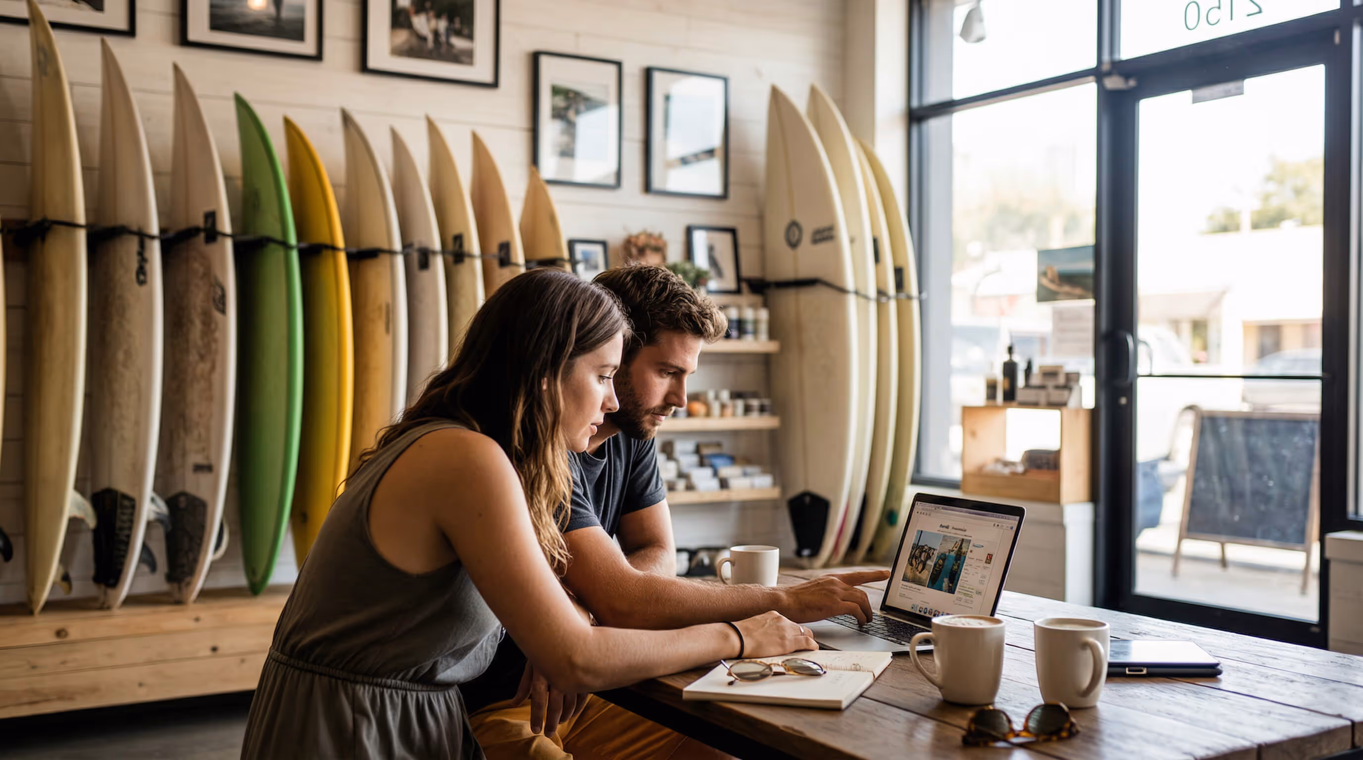 Two people sitting at a wooden table looking at a laptop in a surf shop with surfboards on the wall.