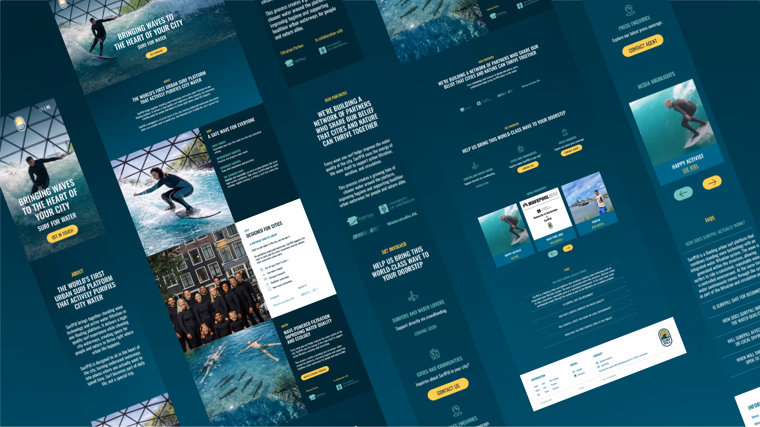 Website layout for SurfPill with surfing images, text about urban water purification, and call-to-action buttons.