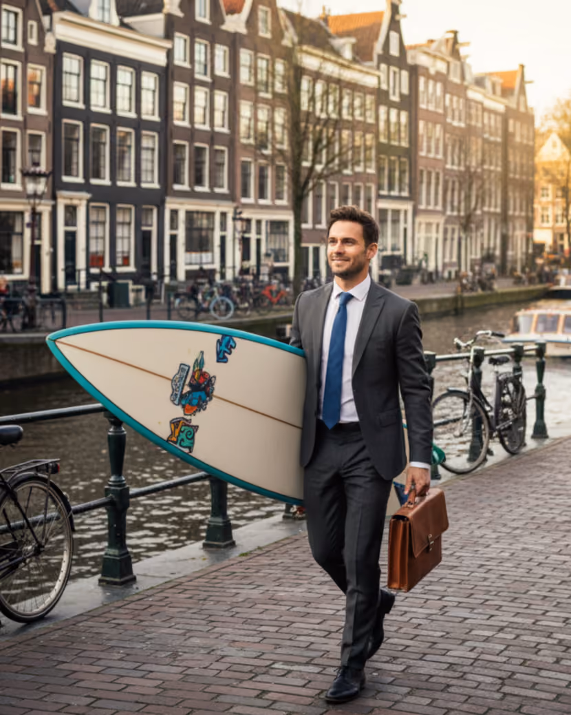 Man in suit carrying a surfboard and briefcase walking on a canal-side street with bicycles parked.