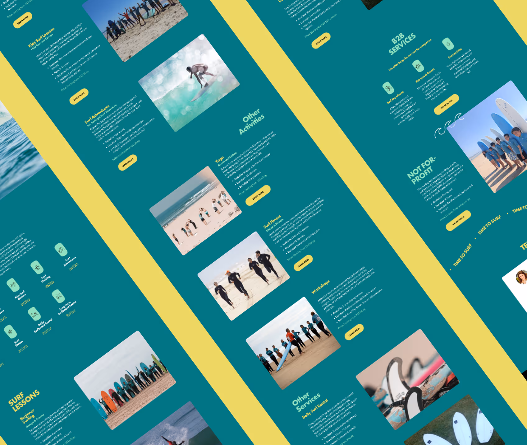 Green website layout with surf lessons, activities, and services, featuring beach and surfing images.