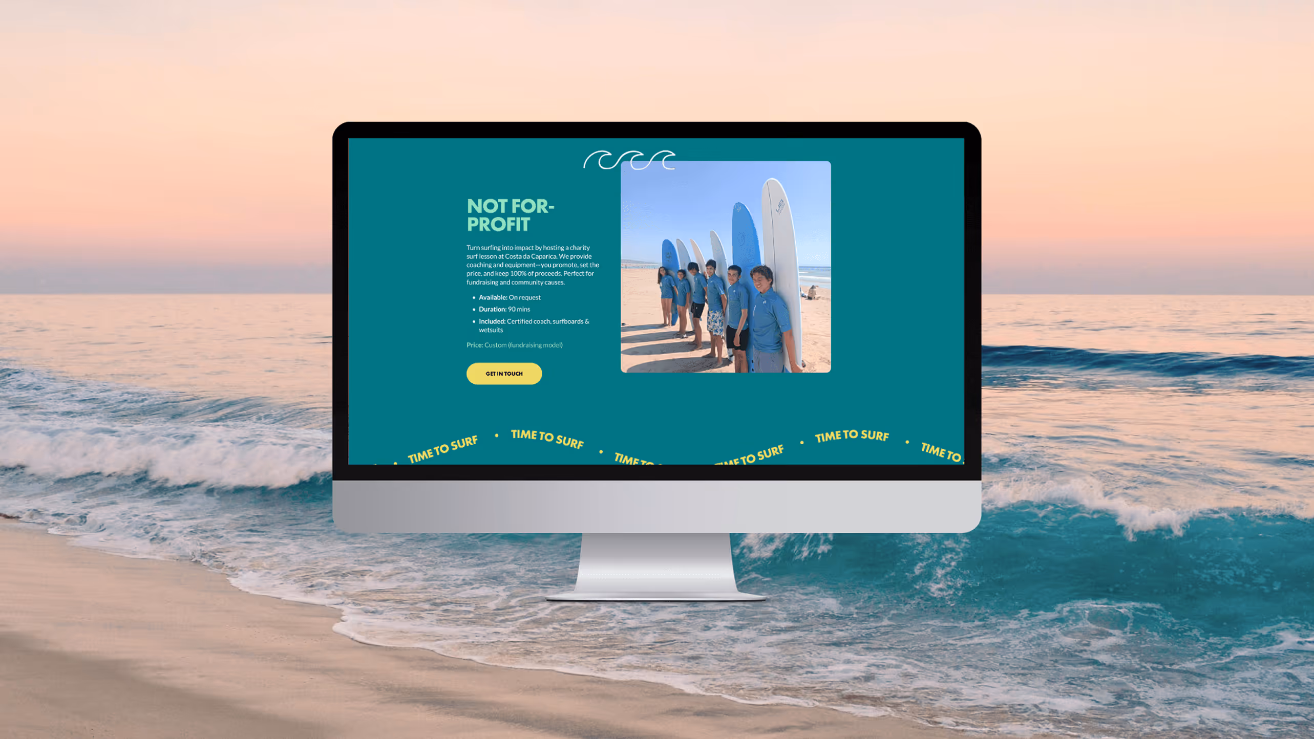 Computer screen showing a not-for-profit surfing program with kids holding surfboards on a beach.