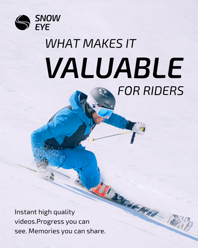 Skier in blue jacket and helmet skiing down snowy slope with text about high quality videos for riders.