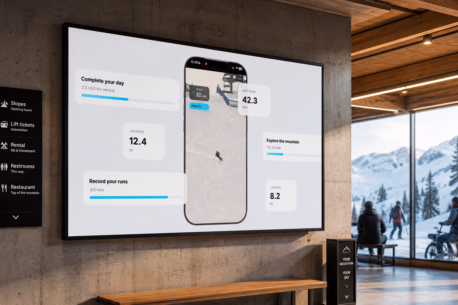 Digital ski tracking display showing stats like distance, speed, and runs in a mountain lodge.