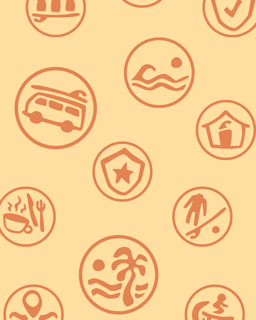 Pattern of hand-drawn travel icons including bus, swimmer, food, shield, palm tree, and no soccer symbols.