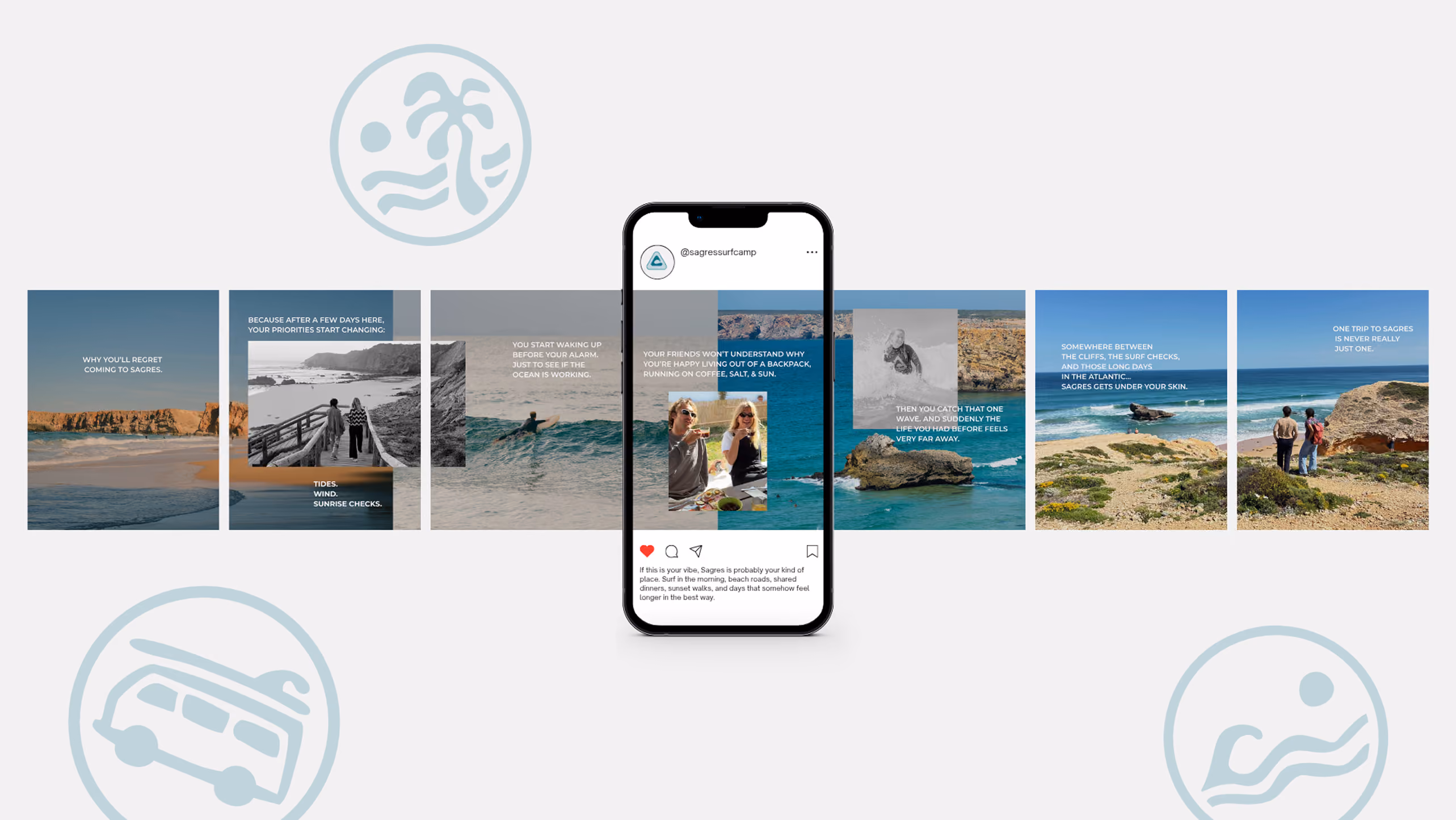 Instagram post about Sagres surf camp with ocean, cliffs, surfers, and people enjoying coastal views.