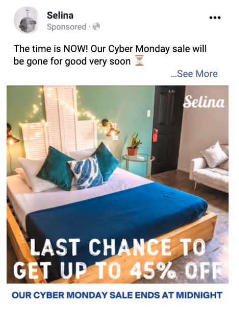 Bedroom with wooden bed, teal pillows, blue blanket, and text about Cyber Monday 45% off sale ending at midnight.