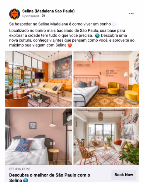 Collage of stylish living spaces and bedrooms with modern decor in a São Paulo accommodation.