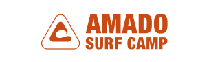 Amado Surf Camp logo with stylized wave inside a triangle and bold text.