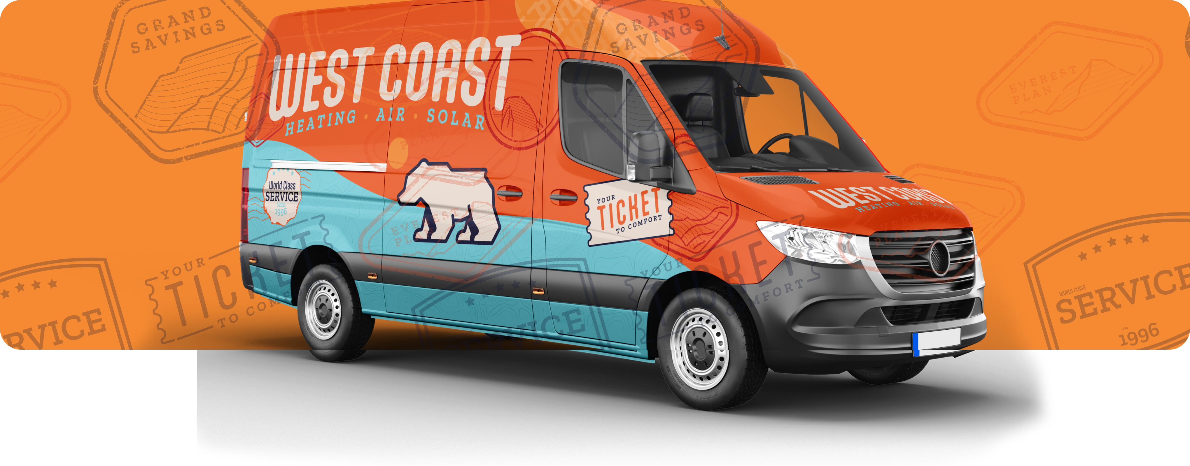 Orange and blue West Coast Heating Air Solar service van