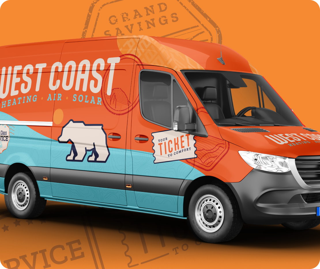 Orange and blue West Coast service van with a bear logo and text for heating, air, and solar services.
