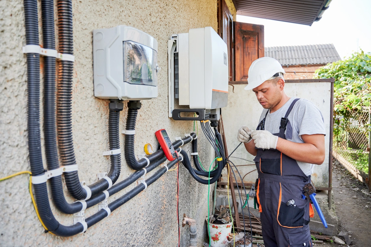 A technician in a hard hat and gloves inspects electrical wiring on an external wall.
