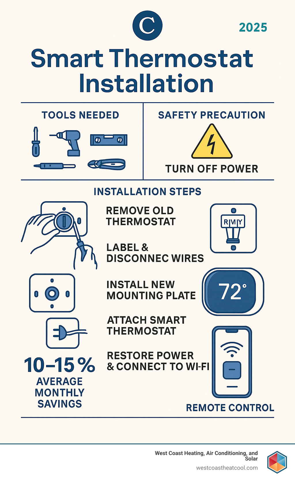 Comprehensive guide showing smart thermostat installation steps with tools needed, safety precautions, wiring diagram, and energy savings statistics including 10-15% average monthly savings and remote control capabilities - Smart thermostat installation infographic 