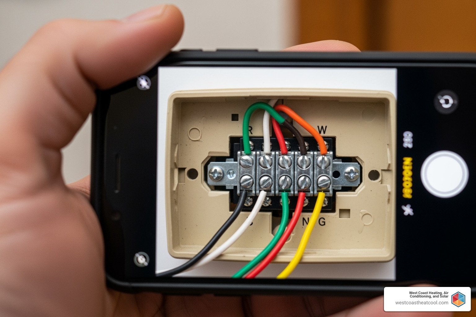 Image of a smartphone taking a clear picture of old thermostat wiring - Smart thermostat installation
