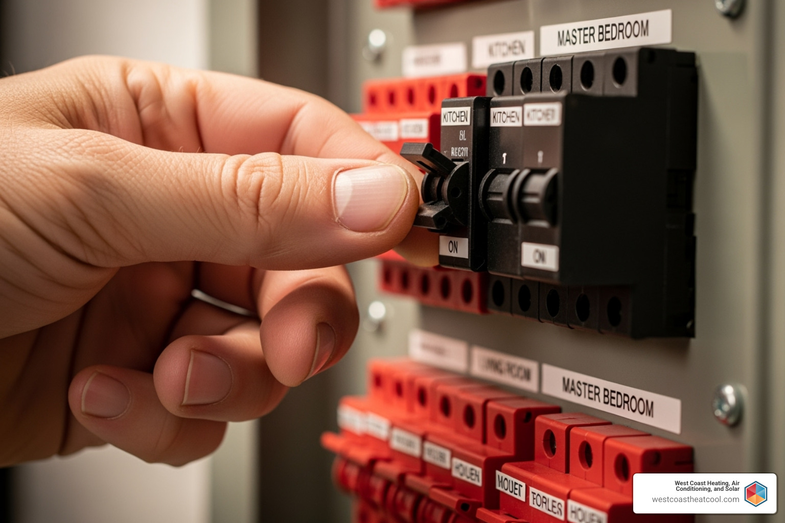 Image of a circuit breaker panel with a hand switching off a breaker - Smart thermostat installation