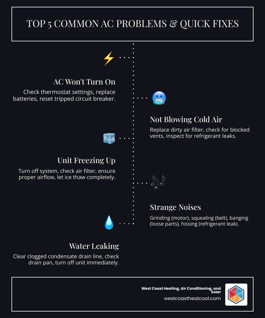 Infographic showing the 5 most common air conditioning problems with their symptoms and immediate solutions: AC won't turn on with thermostat and breaker checks, no cold air with filter replacement steps, frozen unit with thawing instructions, strange noises with their meanings, and water leaks with drain cleaning guidance - Air conditioning problems infographic infographic-line-5-steps-dark