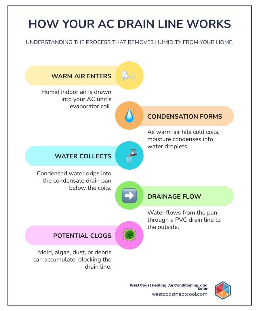 Detailed infographic showing AC drain line system: warm humid air entering unit, condensation forming on evaporator coils, water collecting in drain pan, flowing through PVC drain line to exterior, with common clog points highlighted including algae buildup, debris accumulation, and mold growth locations - AC drain line clog infographic infographic-line-5-steps-colors